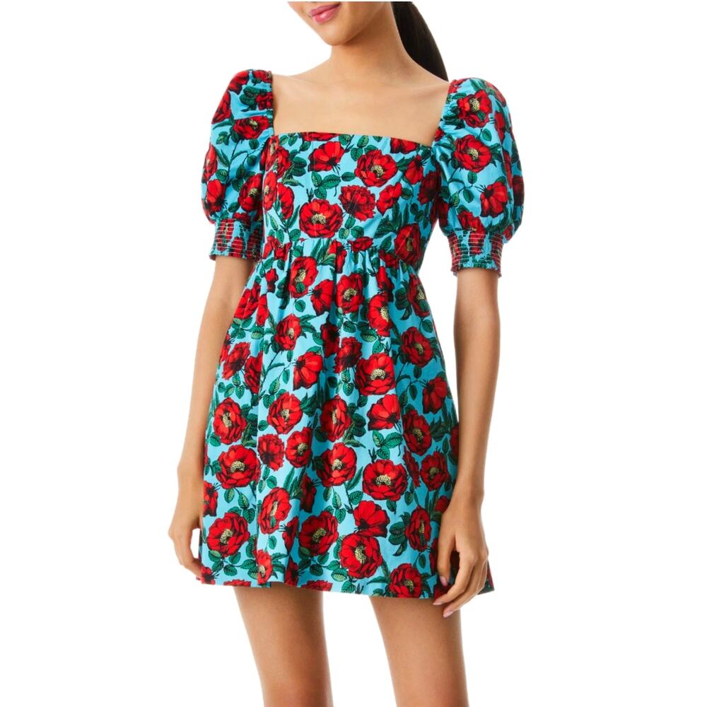 Alice + Olivia Reyna Floral Dress Size 10 Puff Sleeve Smocked Square Neck Cotton